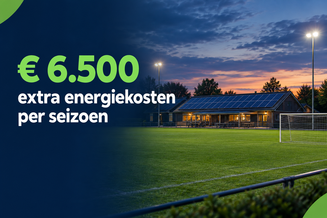 Sportclub met zonnepanelen en verlicht voetbalveld, met de tekst ‘€ 6.500 extra energiekosten per seizoen’.